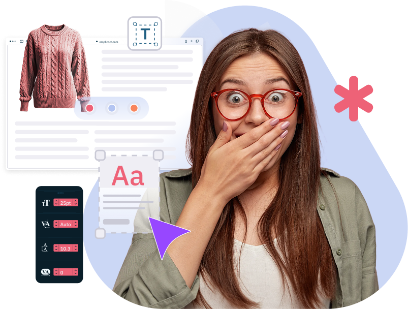 Woman in red glasses covering her mouth, with a sweater product page and design tools icons.